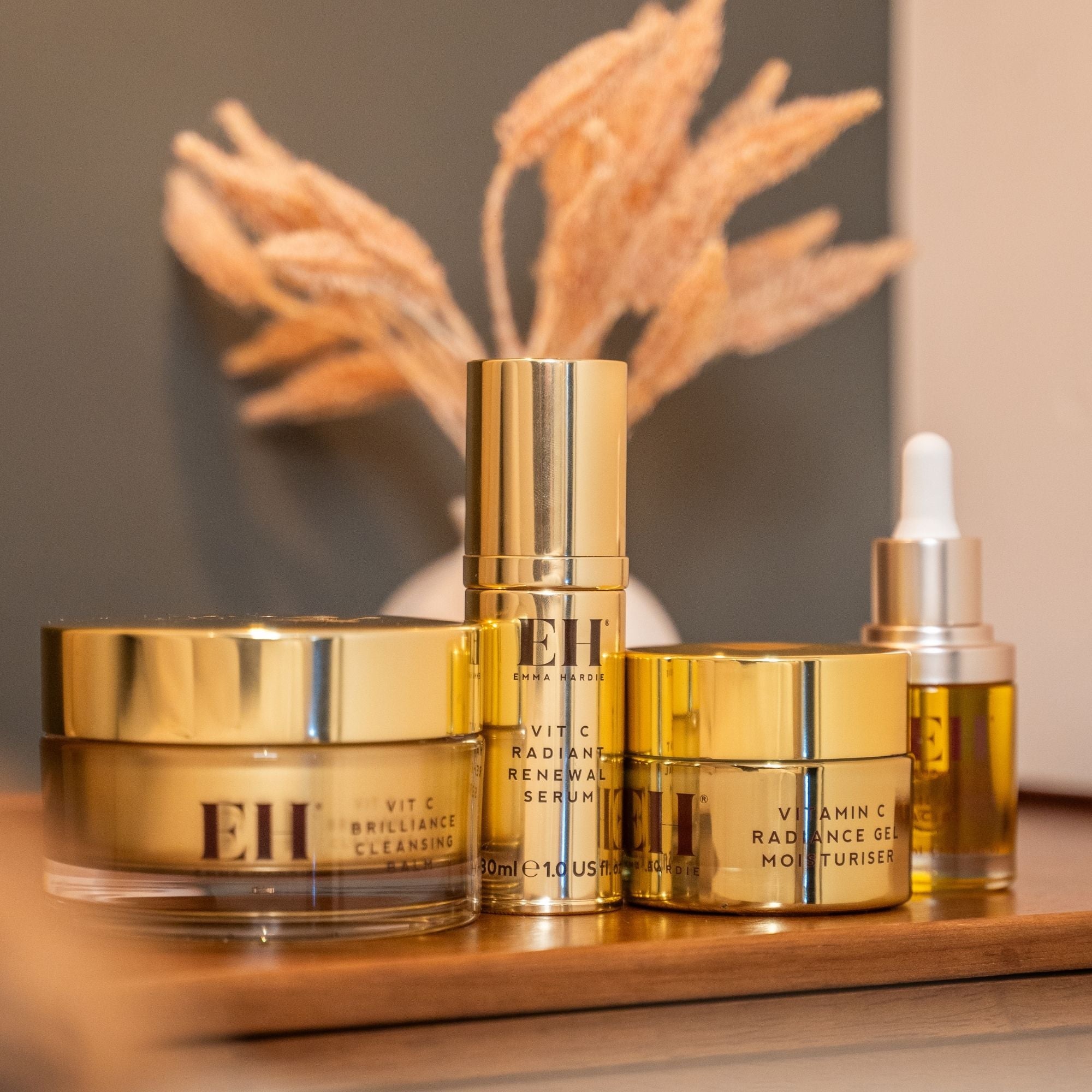 Emma Hardie Vit C Brilliance Cleansing Balm, Radiant Renewal Serum, Radiance Gel Moisturiser and Brilliance Facial Oil.