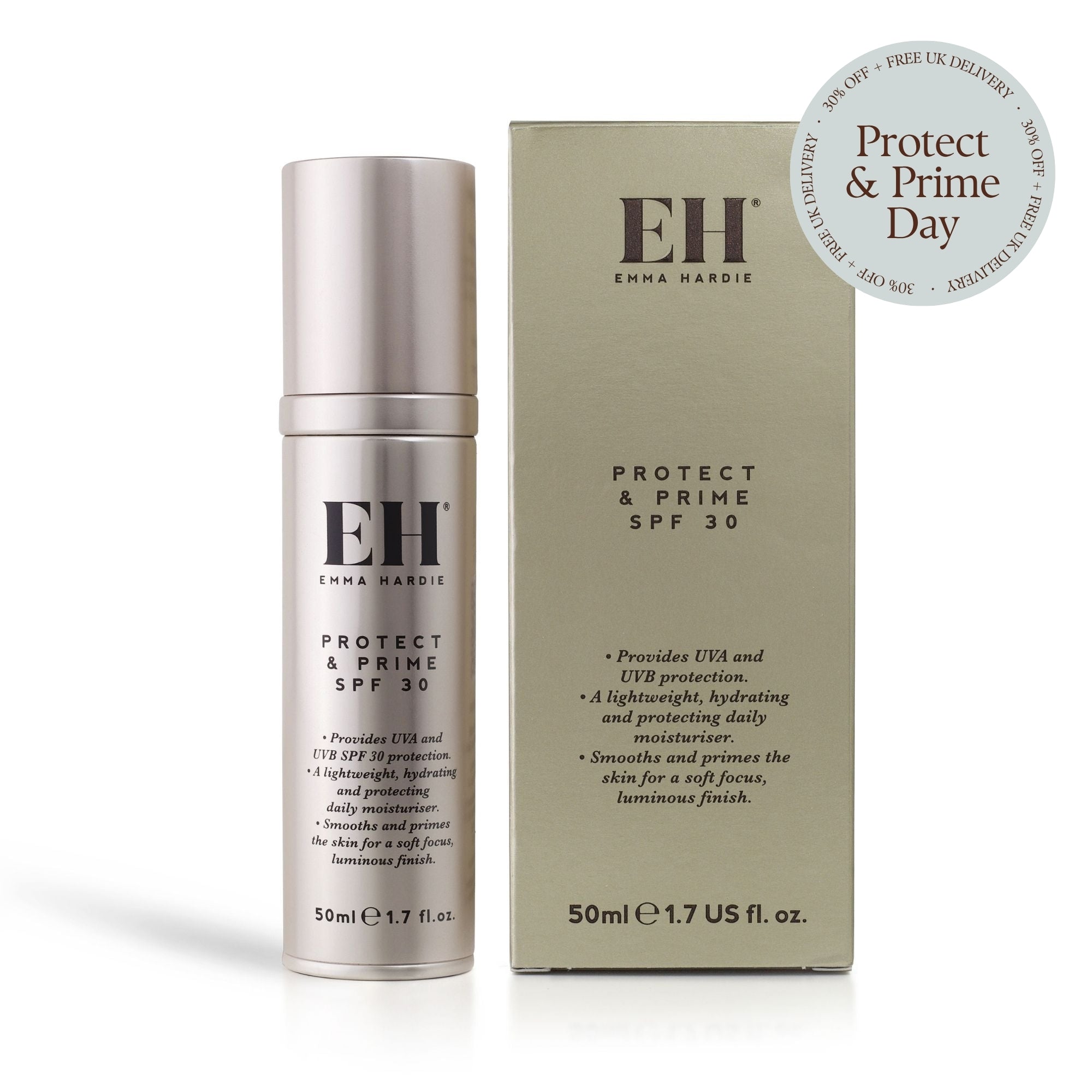 Emma Hardie Protect & Prime SPF 30 SPF moisturiser with Protect & Prime Day 30% off + Free UK Delivery sticker