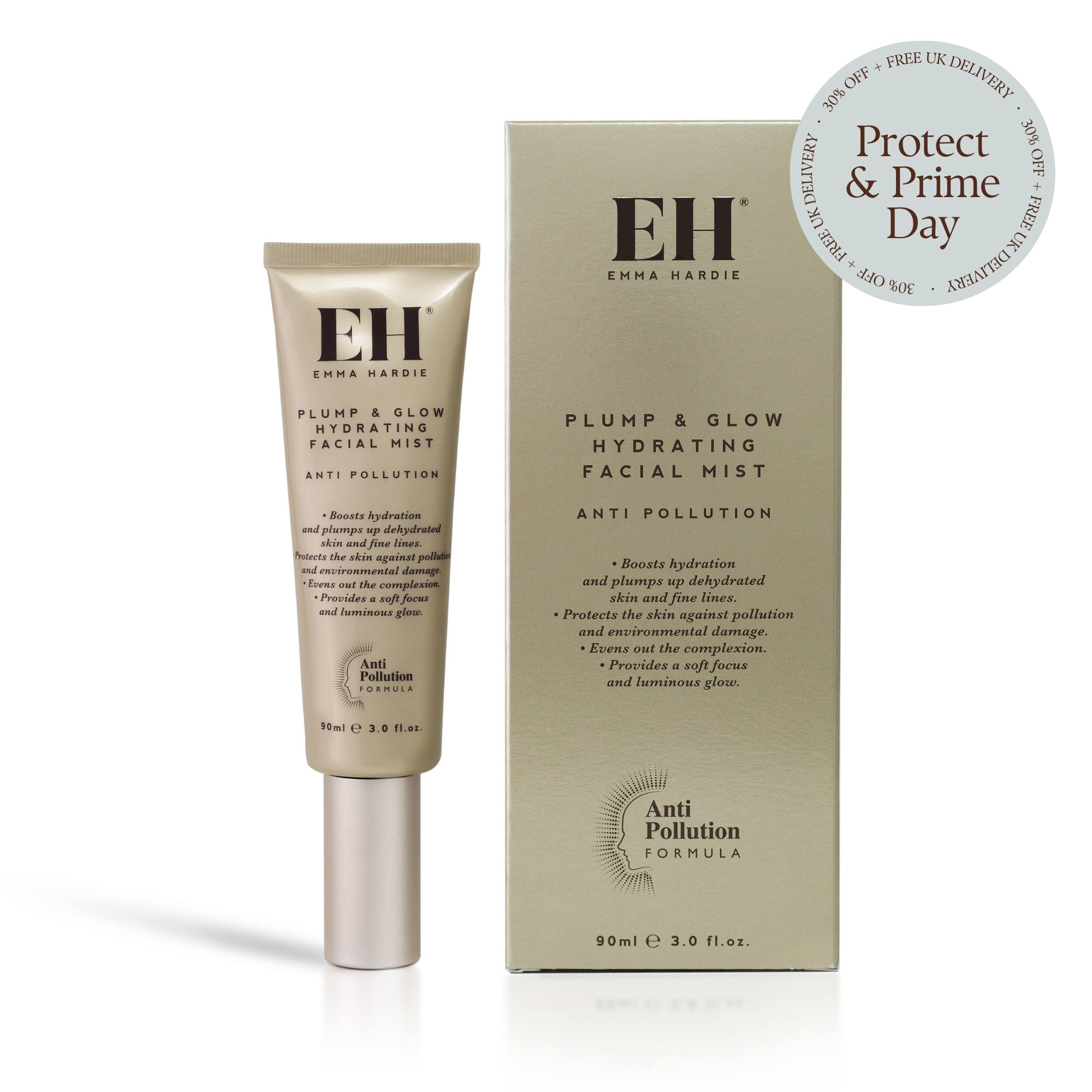 Plump & Glow Hydrating Facial Mist by Emma Hardie with packaging on a white background with Protect & Prime Day 30% Off + Free UK delivery sticker