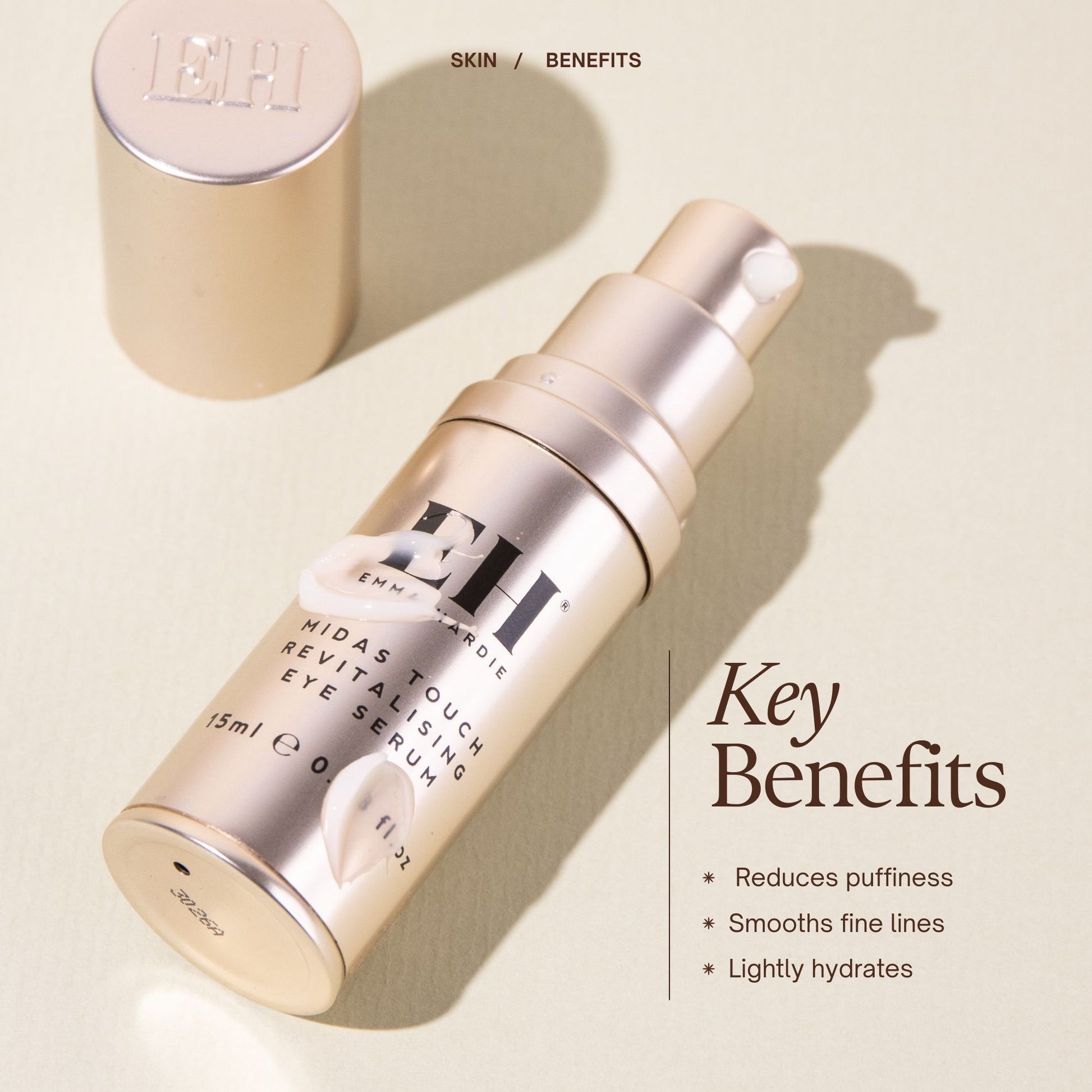 Emma Haride Midas Touch Eye Serum
Key benefits
 Reduces puffiness
Smooths fine lines
Lightly hydrates