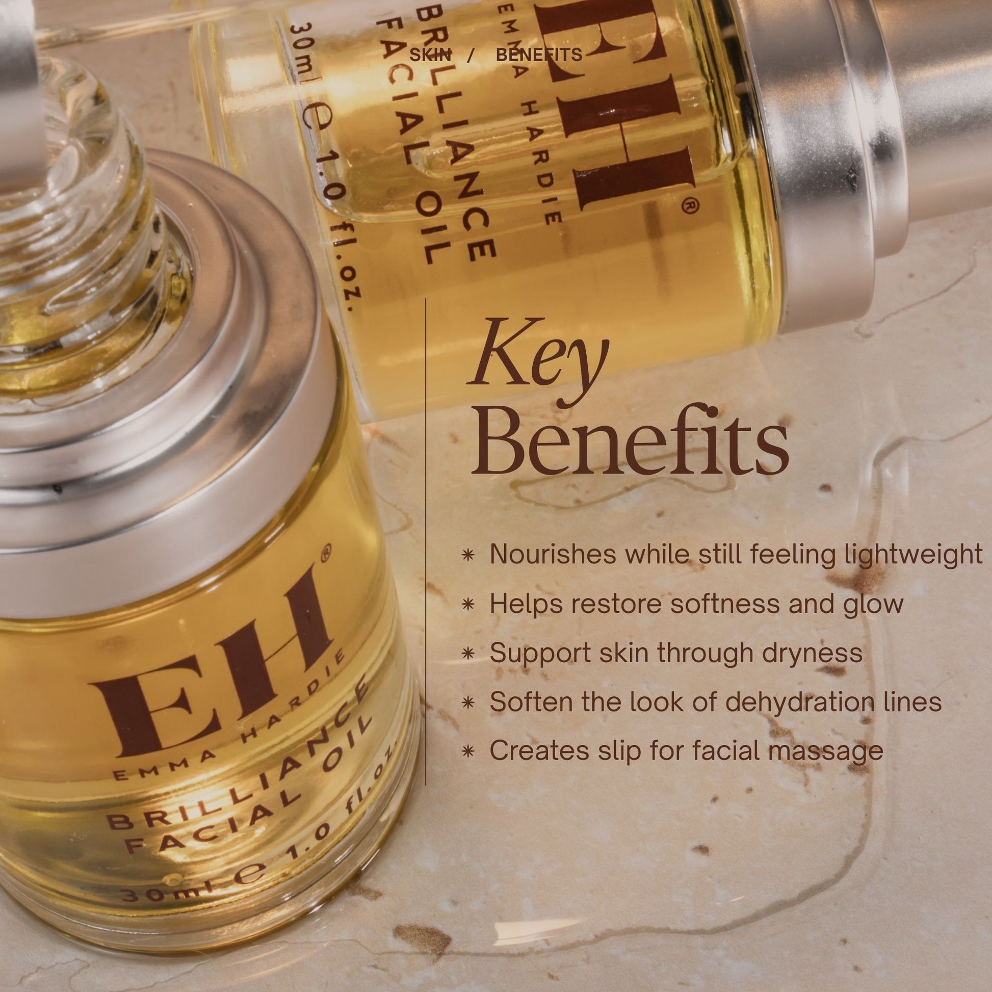 Emma Hardie Brilliance Facial Oil Key Benefits:
Nourishes while still feeling lightweight
Helps restore softness and glow
Support skin through dryness
Soften the look of dehydration lines
Creates slip for facial massage