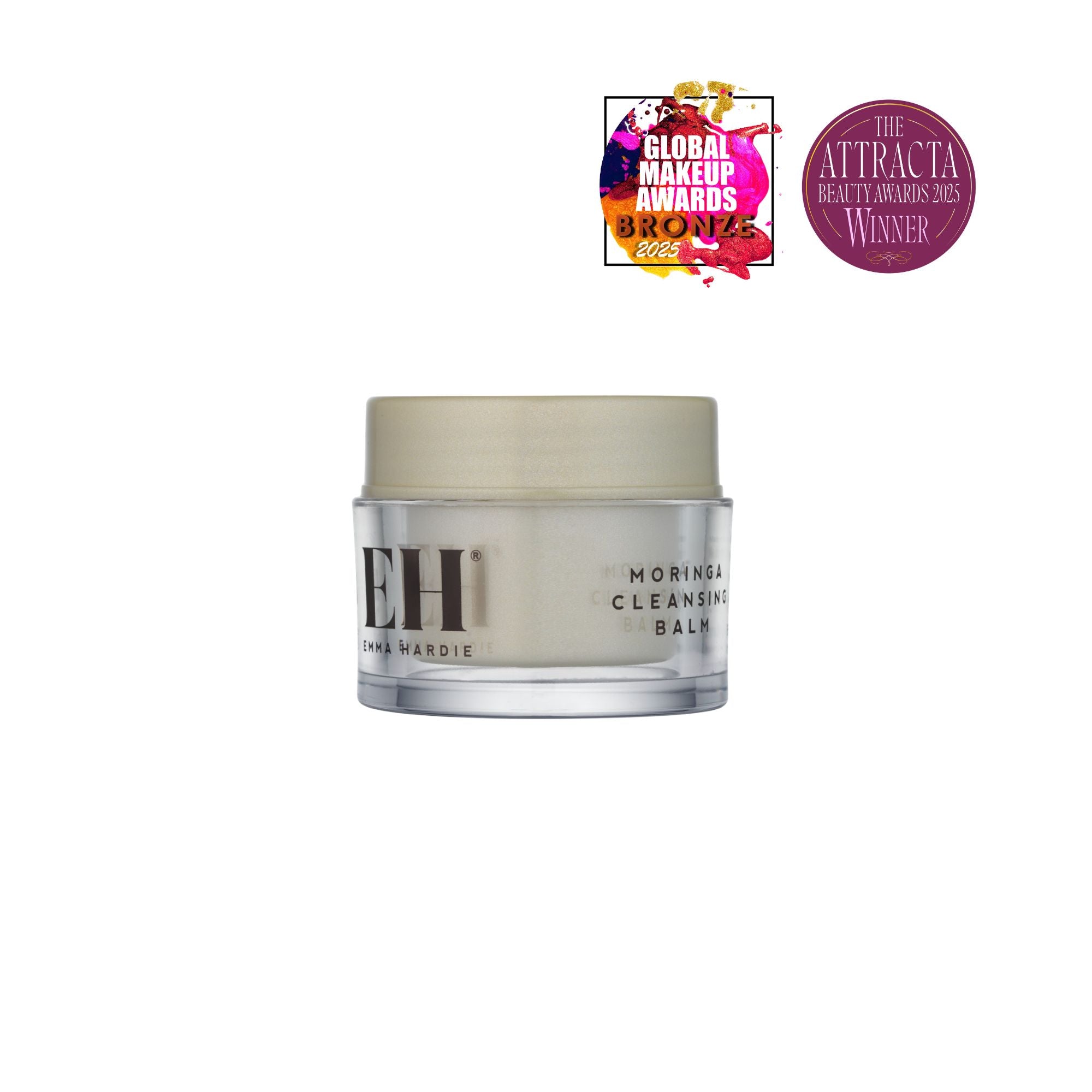Emma Hardie Moringa Cleansing Balm 15g (travel size) in a clear jar with a beige lid, shown on a white background with two award badges at the top right.