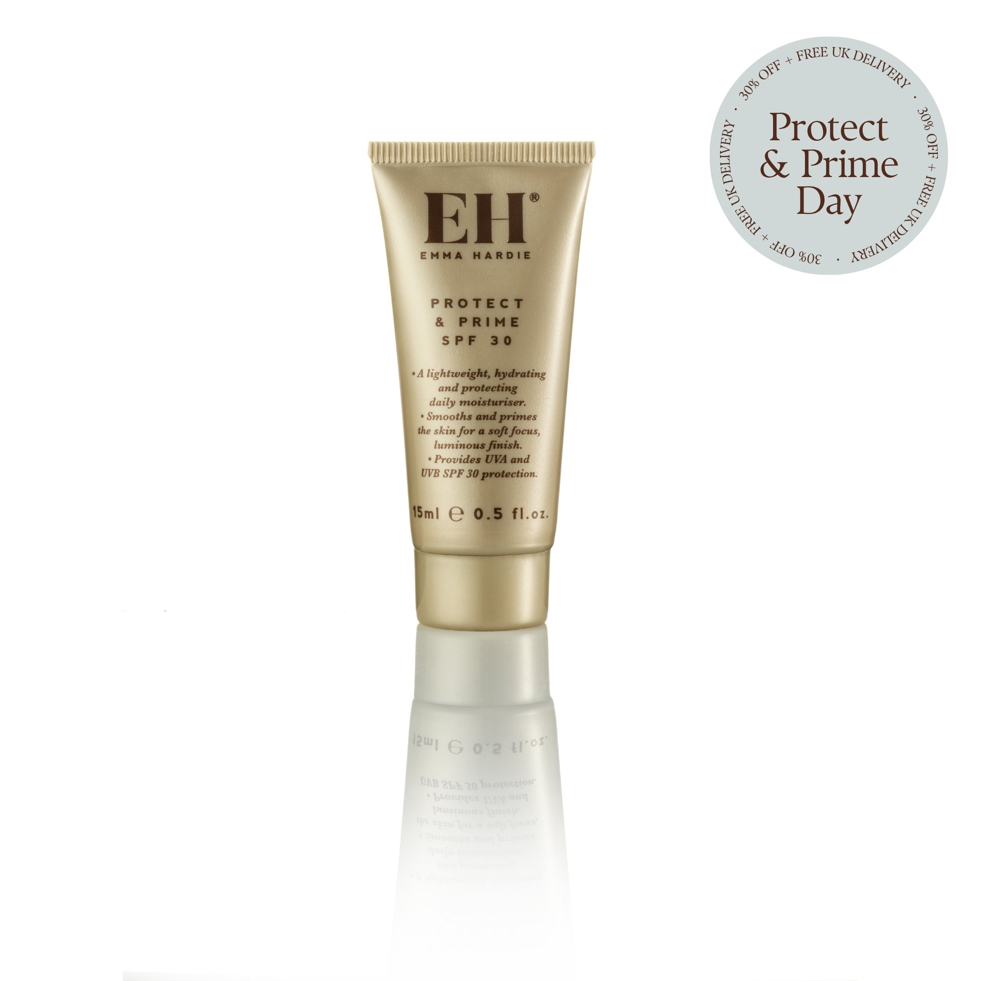 Tube of Emma Hardie Protect & Prime SPF 30 on a white background with Protect & Prime Day 30% Off + Free UK Delivery sticker