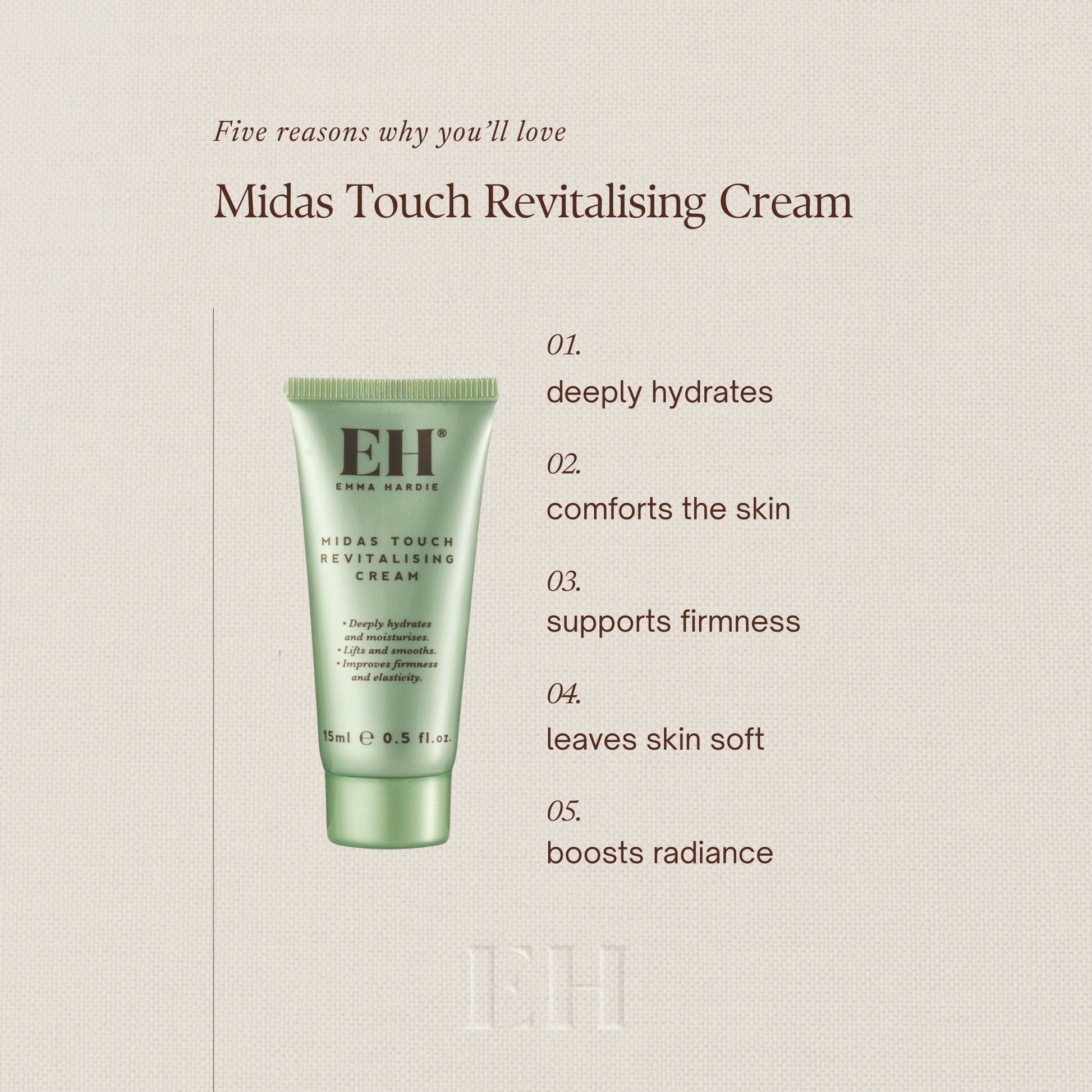 Five reasons why you’ll love  Midas Touch Revitalising Cream

1  deeply hydrates
2  comforts the skin
3  supports firmness
4 leaves skin soft
5 boosts radiance