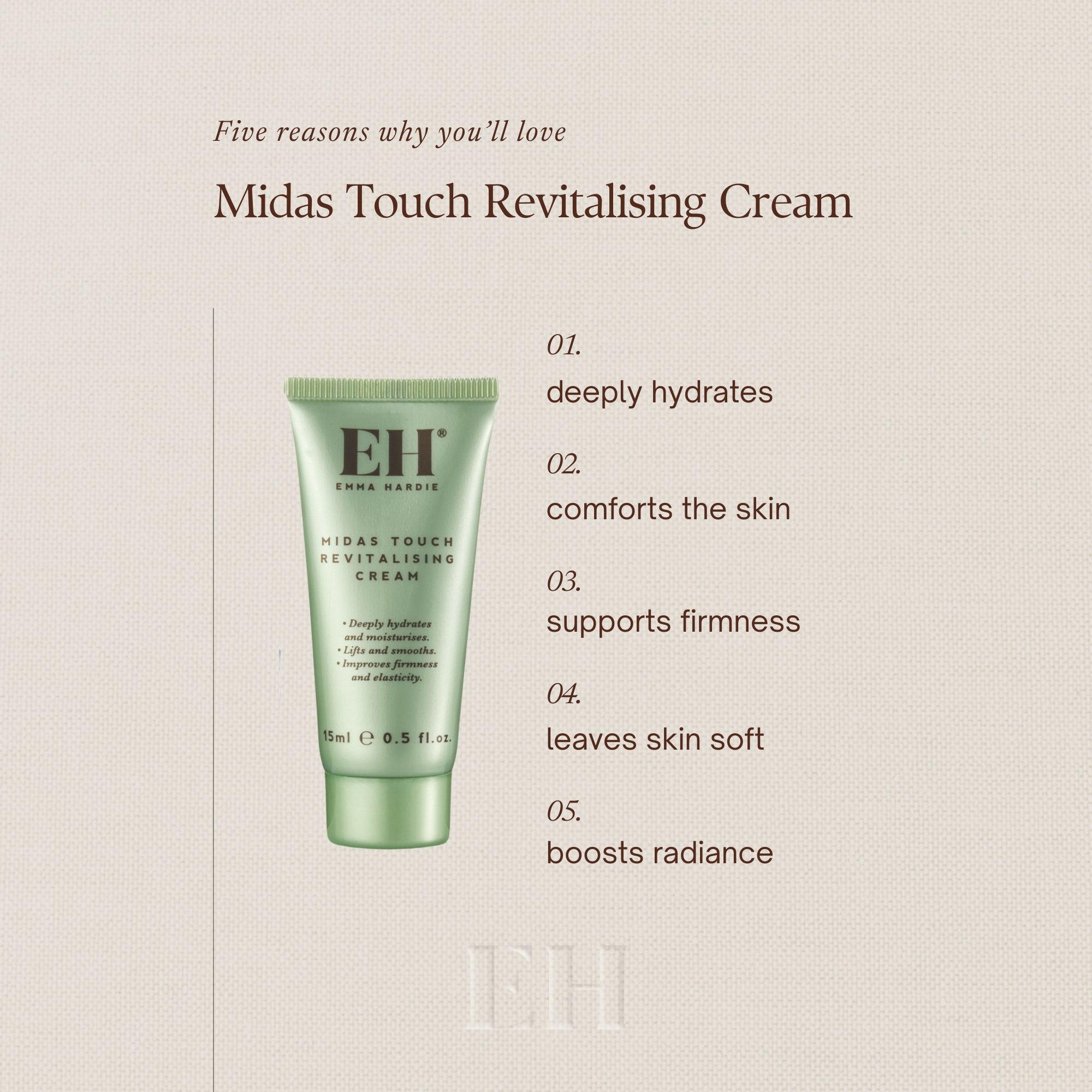 Five reasons why you’ll love  Midas Touch Revitalising Cream

1  deeply hydrates
2  comforts the skin
3  supports firmness
4 leaves skin soft
5 boosts radiance