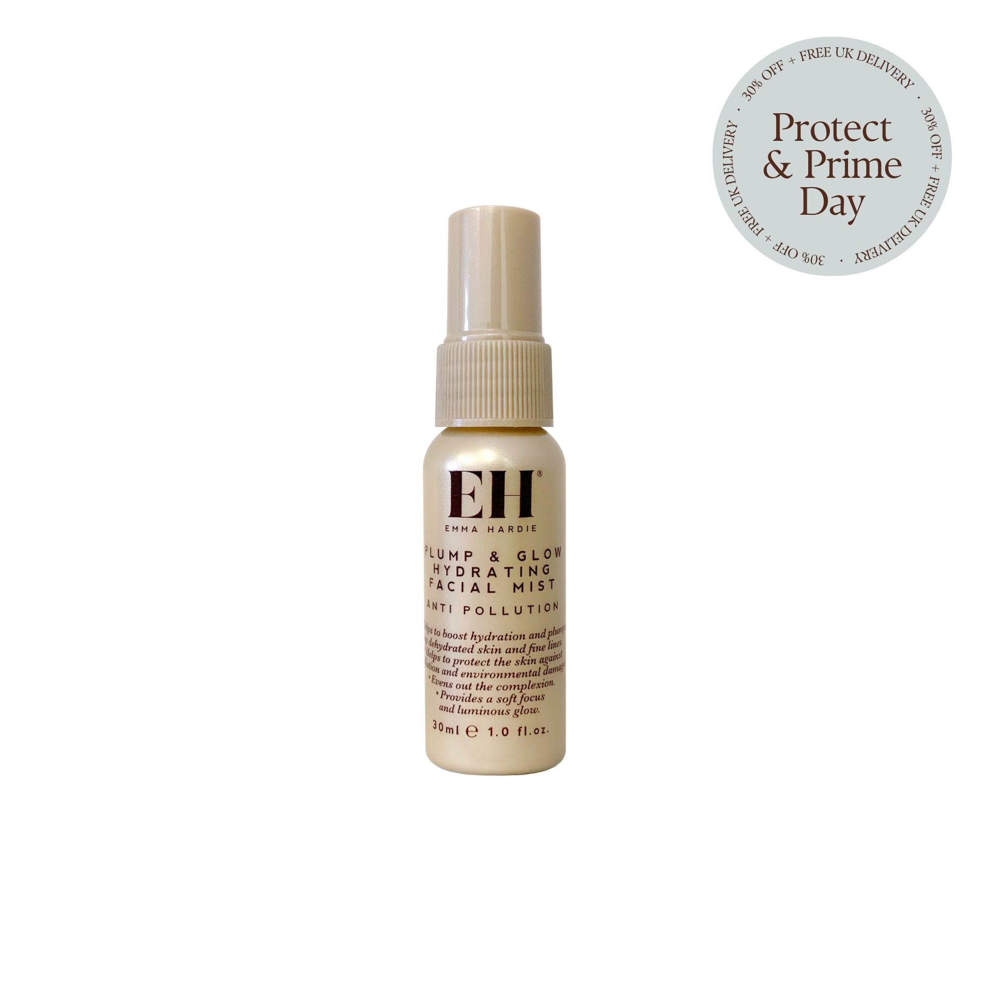 Emma Hardie Plump & Glow Hydrating Facial Mist 30ml mini bottle on white background with Protect & Prime Day 30% off + Free UK Delivery sticker