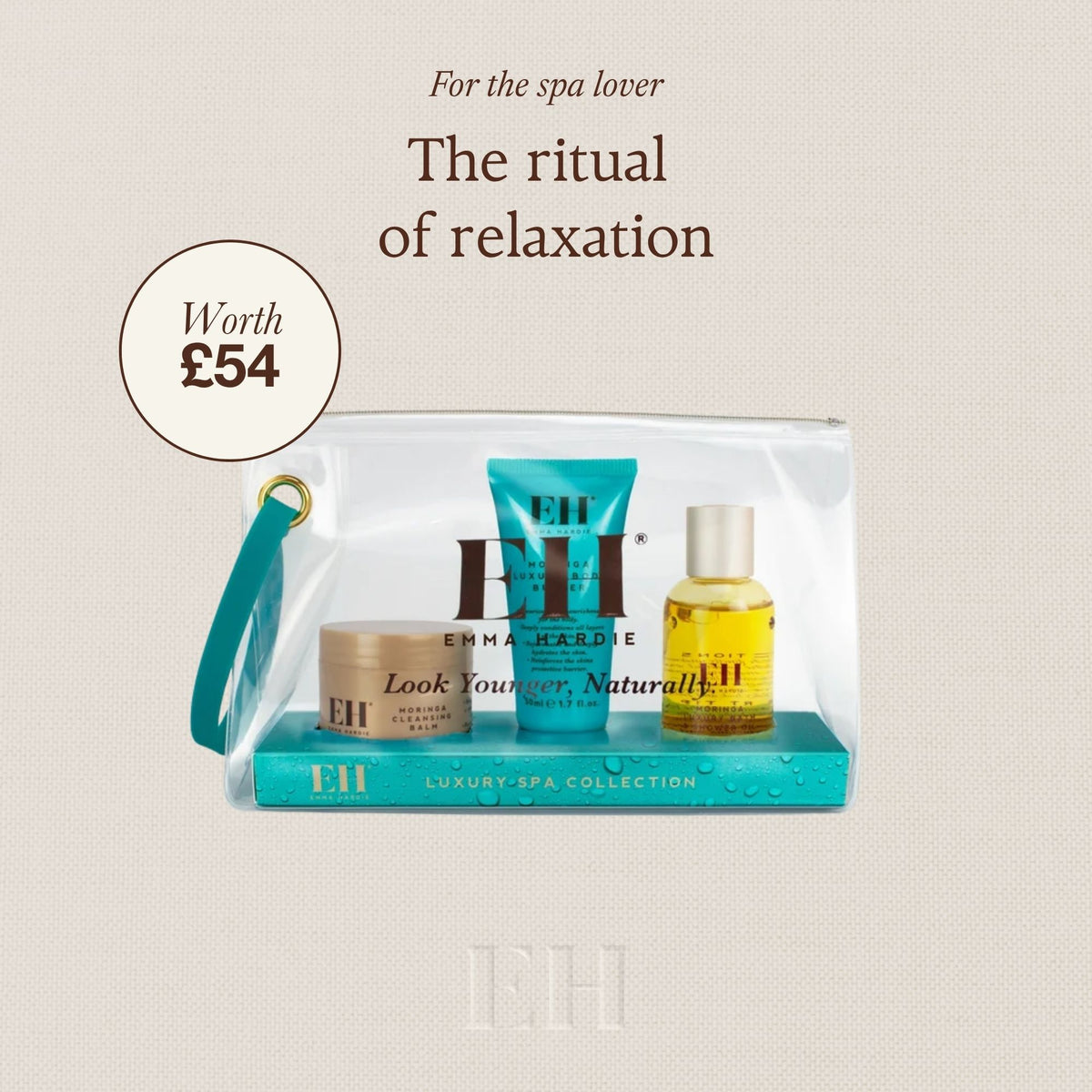 For the spa lover: the ritual of relaxation. Emma Hardie Luxury Spa Collection contents on neutral background with a 'Worth £54' roundel