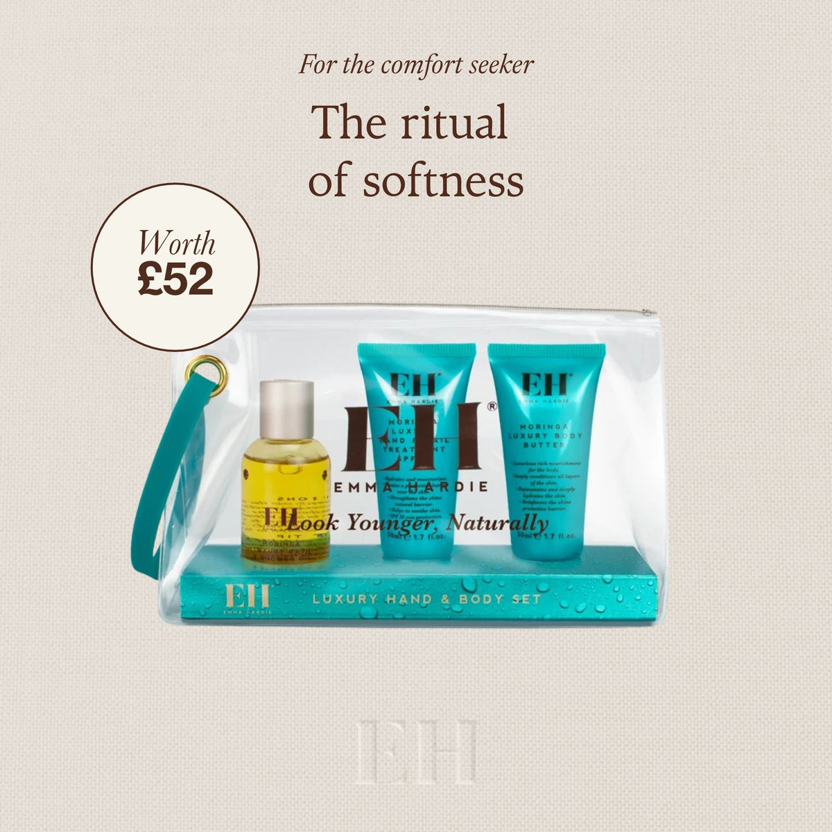 For the comfort seeker:The ritual of softness. Emma Hardie Luxury Hand and Body Set contents on neurtal background with a 'Worth £52' roundel