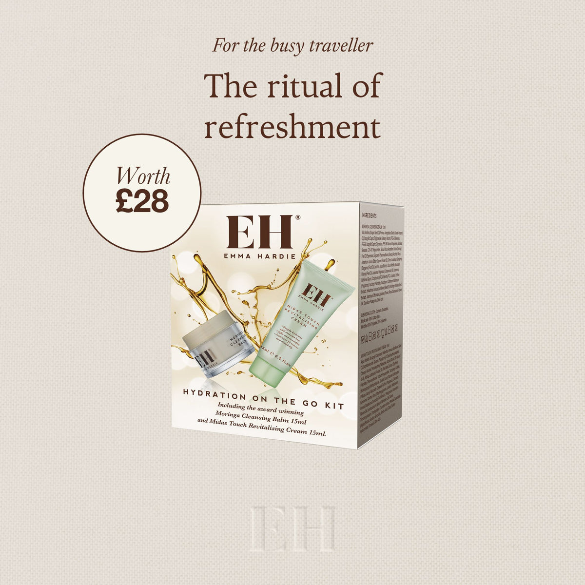 For the busy traveller: the ritual of refreshment. Emma Hardie Hydration on the go kit box on neutral background with a 'Worth £28' roundel