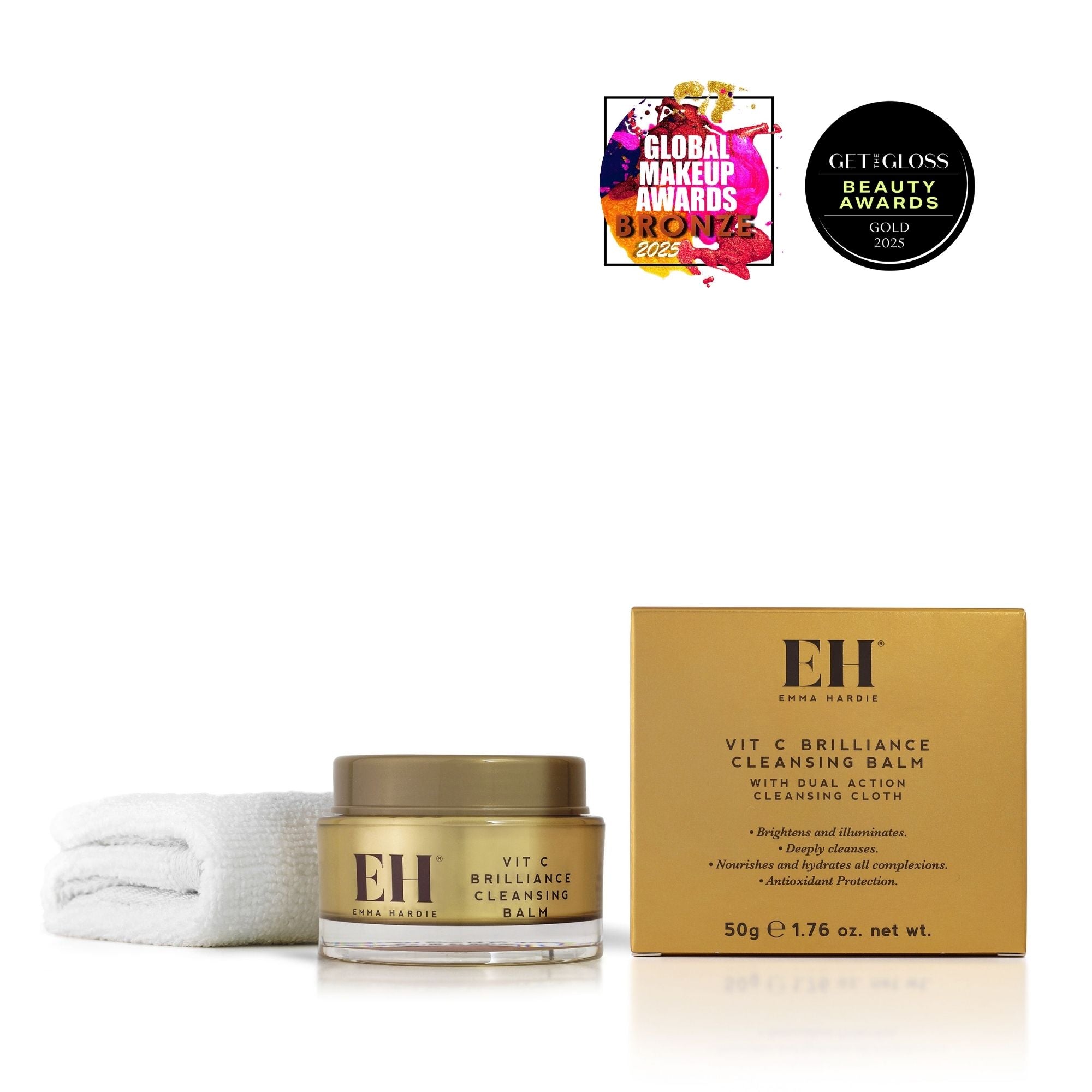 Award Winning Emma Hardie Vit C Brilliance Cleansing Balm
Global Make Up  Awards	BRONZE Best Cleansing Balm
Get The Gloss Beauty Awards 2025 GOLD Best Oil Balm or Cleanser