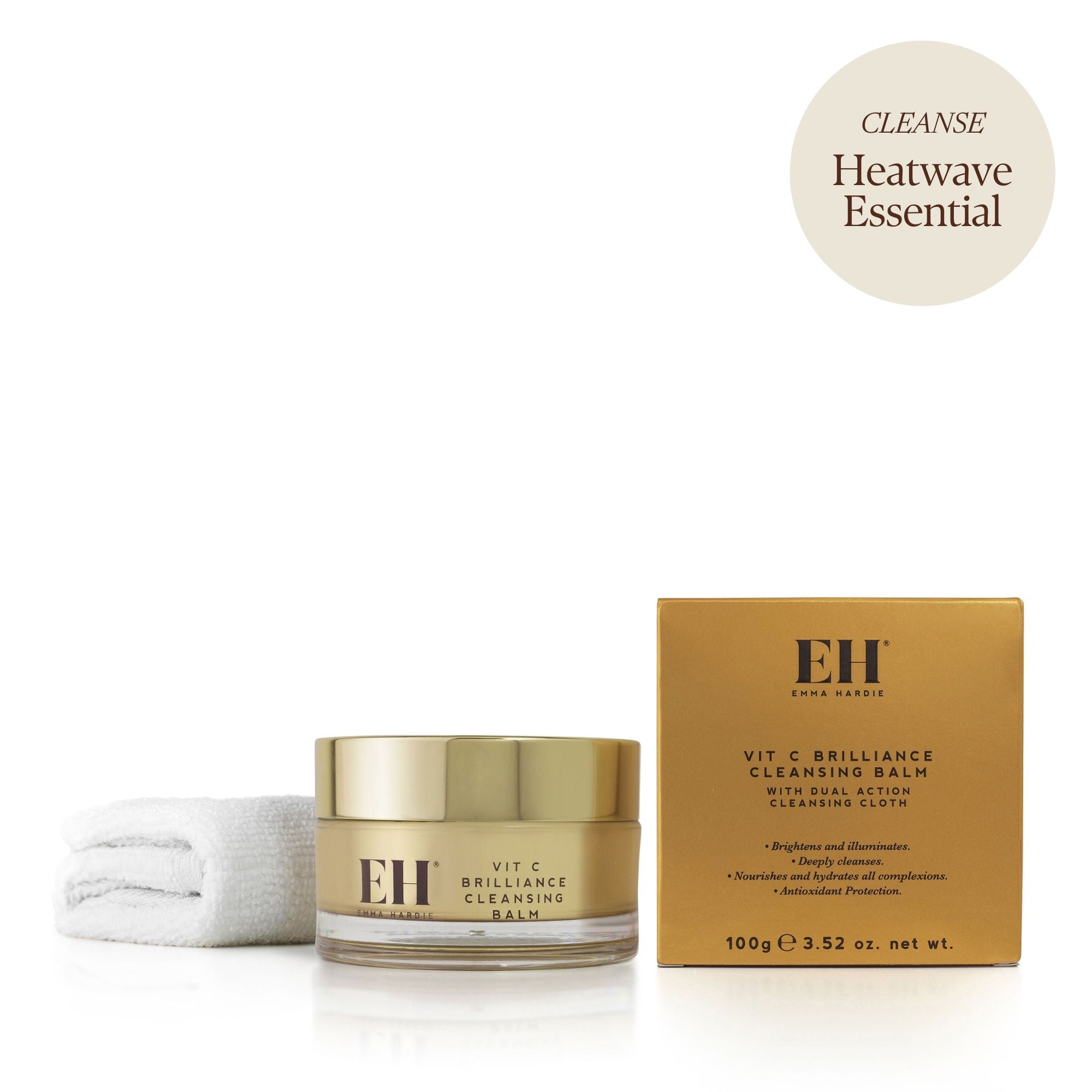 Emma Hardie Vit C Brilliance Cleansing Balm with packaging on white background with a 'Cleanse: Heatwave Essential' sticker