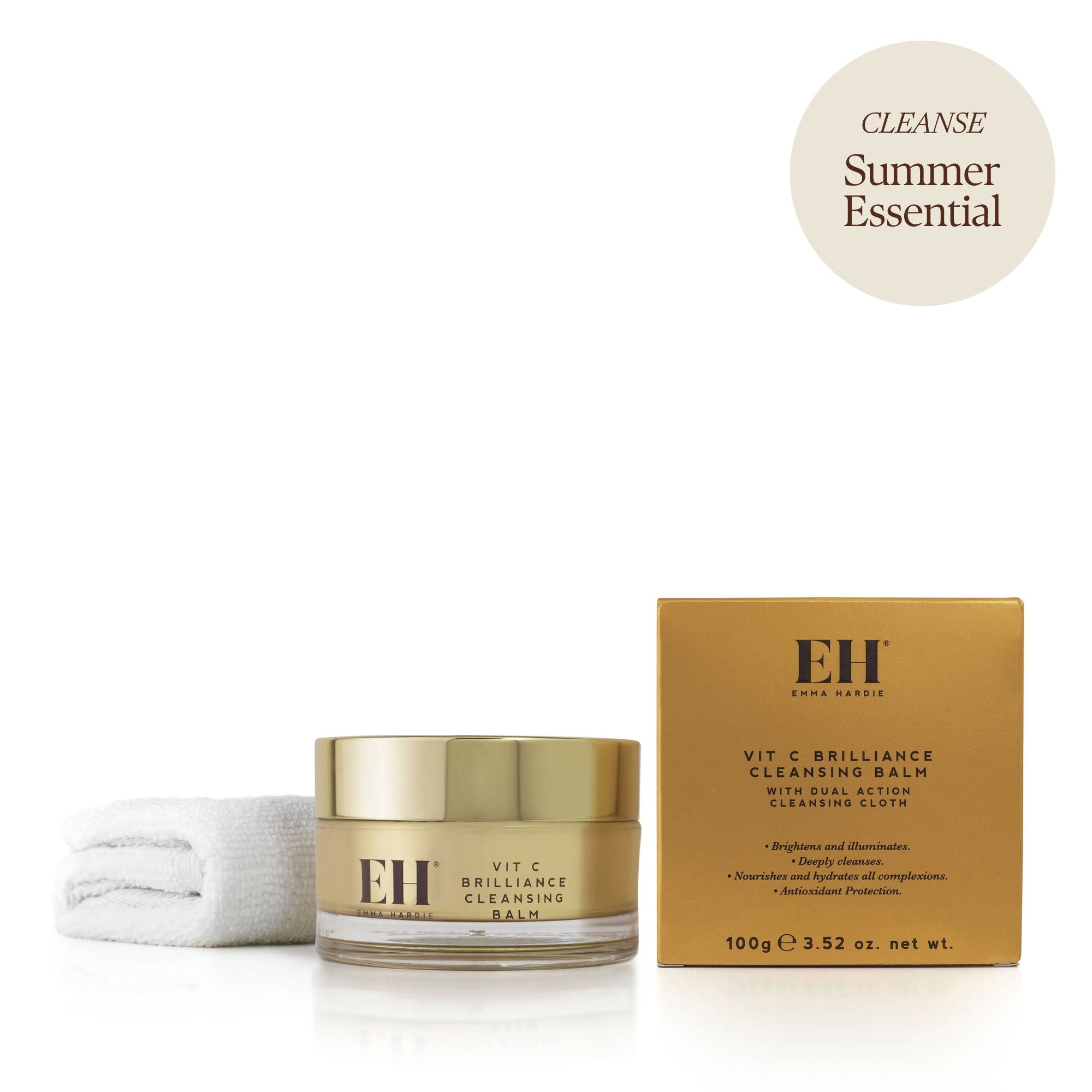 Emma Hardie Vit C Brilliance Cleansing Balm with packaging on white background with a 'Cleanse: Summer Essential' sticker