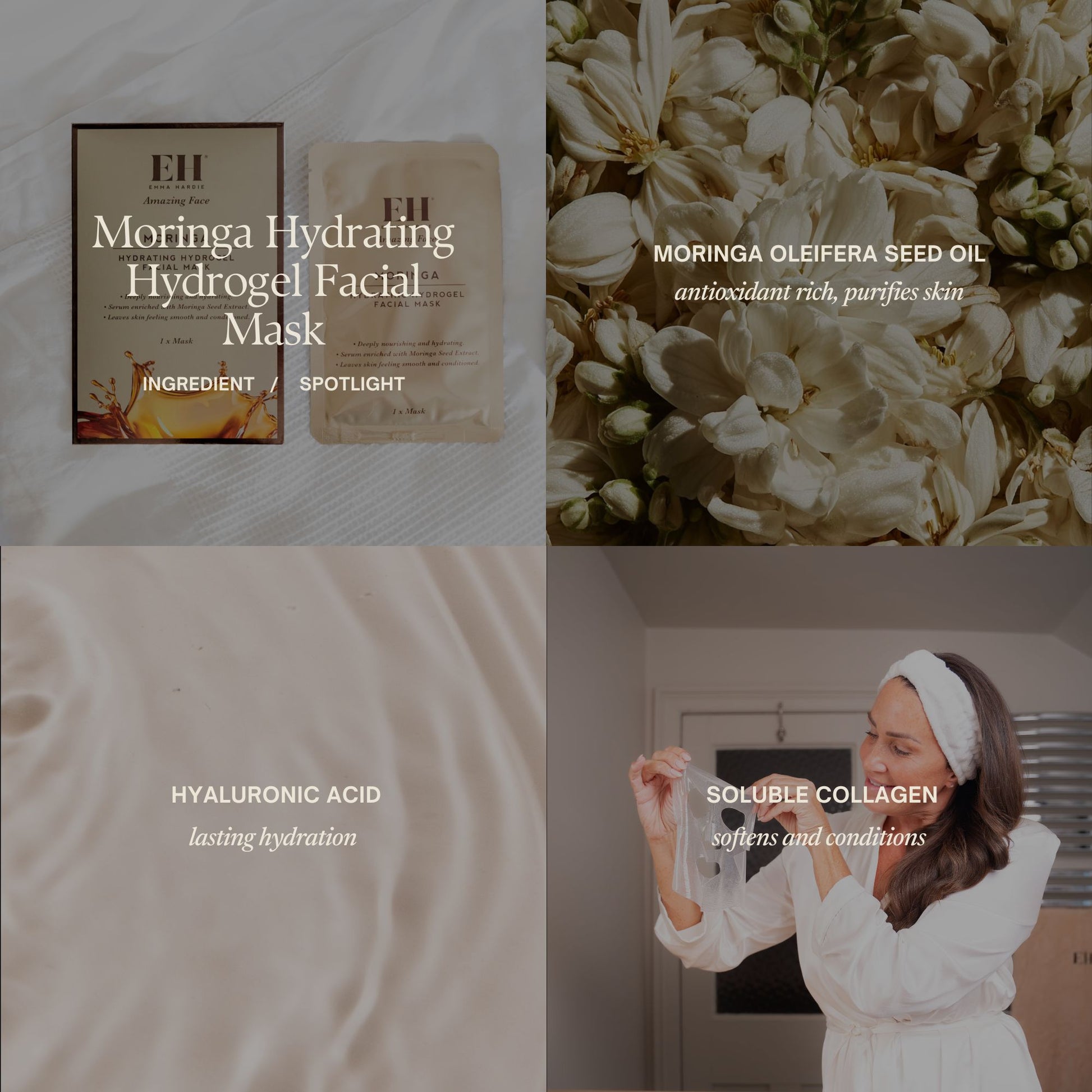Moringa Hydrating Hydrogel Facial Mask Ingredient Spotlight:
MORINGA OLEIFERA SEED OIL antioxidant rich, purifies skin
 Hyaluronic acid  lasting hydration
 Soluble collagen softens and conditions