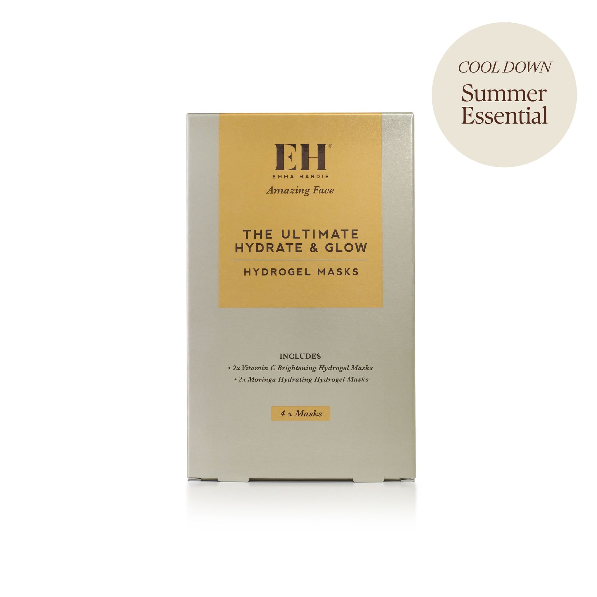 Box of 'The Ultimate Hydrate & Glow Hydrogel Masks' on a white background with a 'Cool Down:  Summer Essential Sticker'