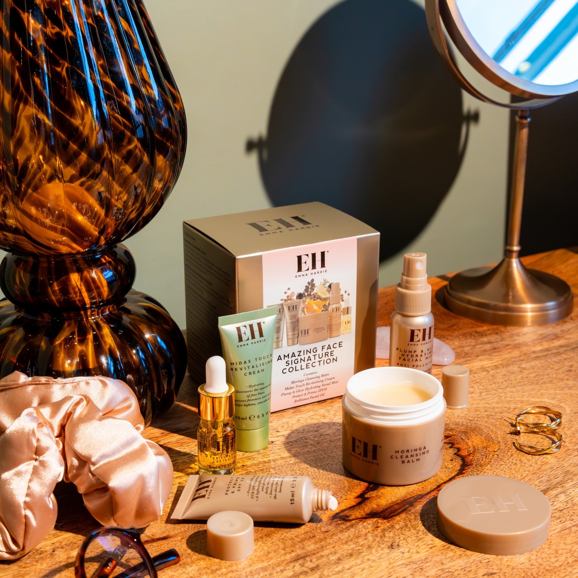 Emma Hardie Amazing Face Signature Collection skincare routine with cleansing balm, oil and treatments