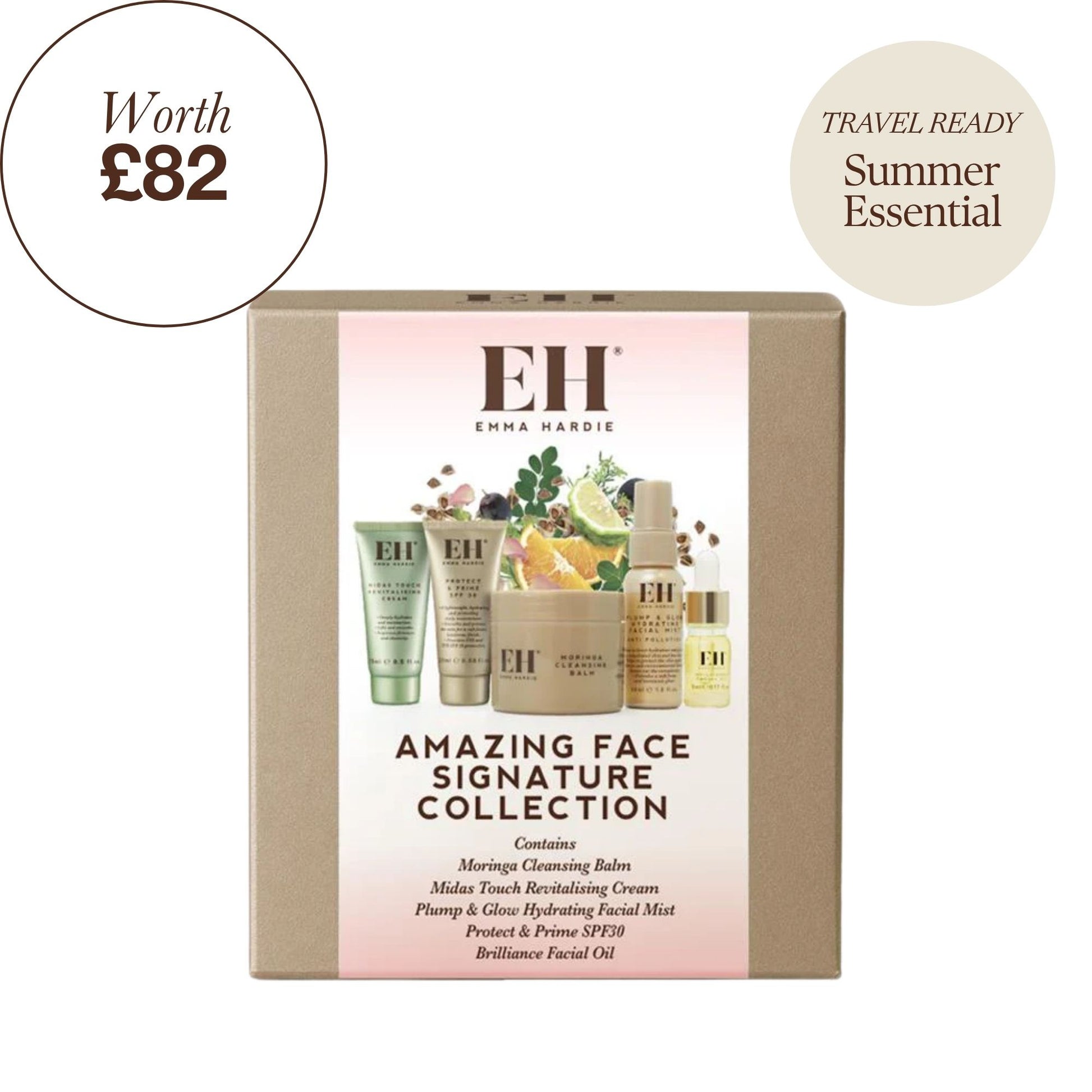 Emma Harbie Amazing Face Signature Collection set, shown on a white background with promotional badges indicating 'Worth £82' and 'Travel Ready Summer Essential'.