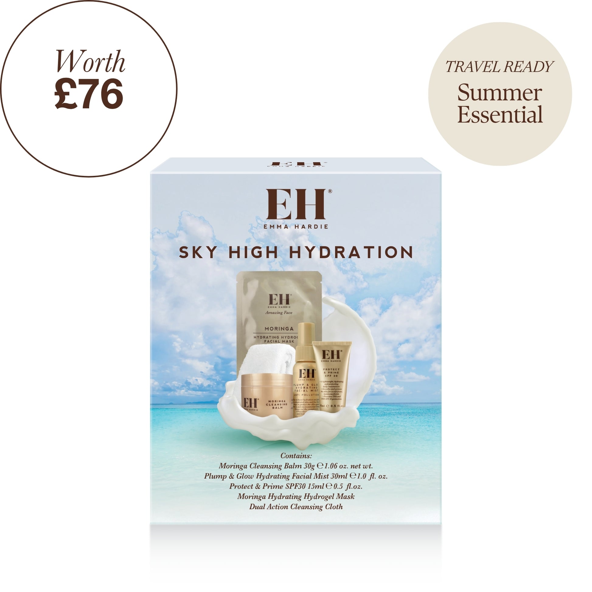 Emma Hardie Sky High Hydration skincare set in its retail box, featuring a light blue tropical beach background on the packaging with visible gold and white skincare items inside.