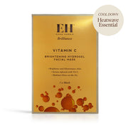 Emma Hardie Vitamin C brightening hydrogel facial mask packaging on a white background witha 'Cool down: Heatwave essential' sticker