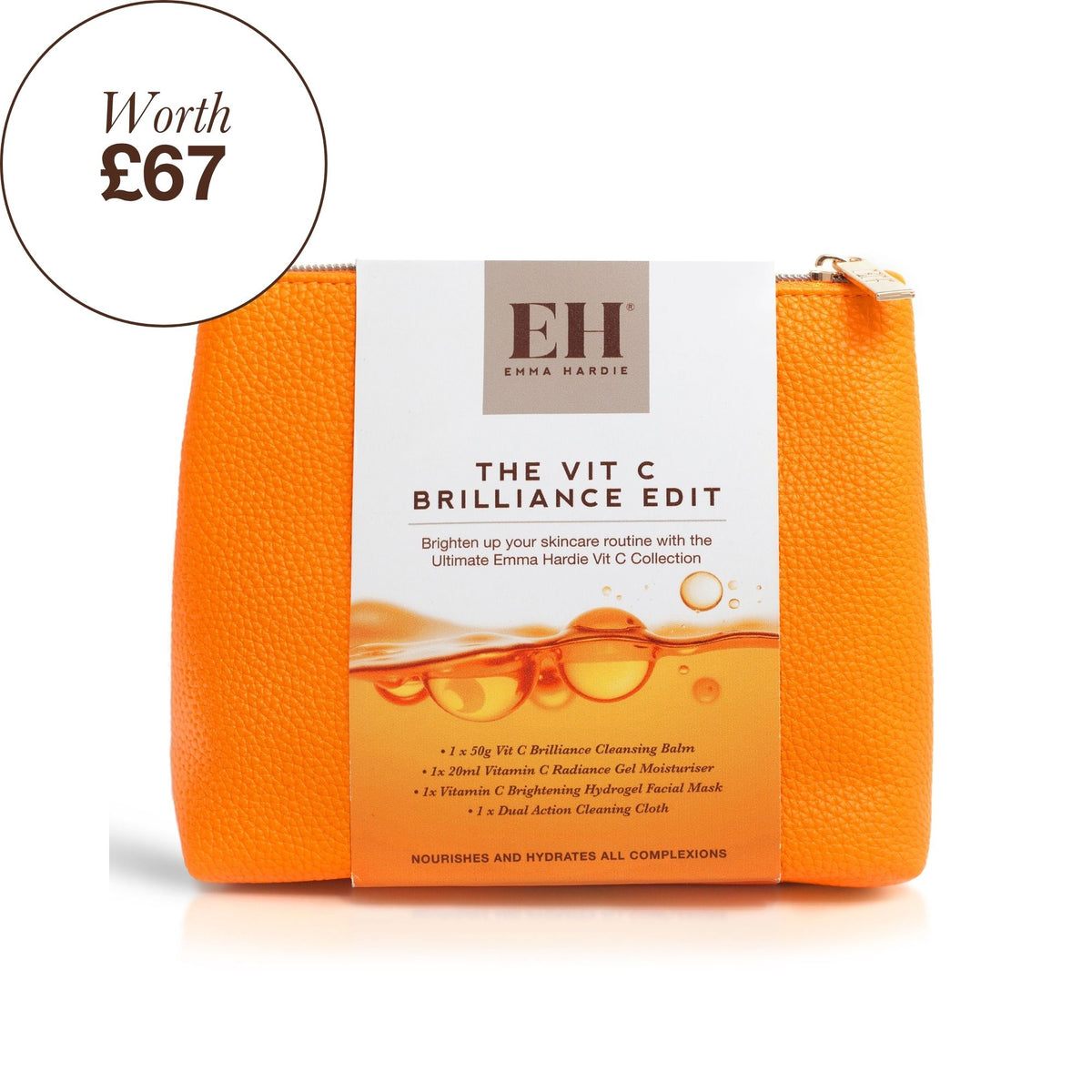 Emma Hardie The Vit C Brilliance Edit orange pouch packaging on white background with a 'Worth £67' label