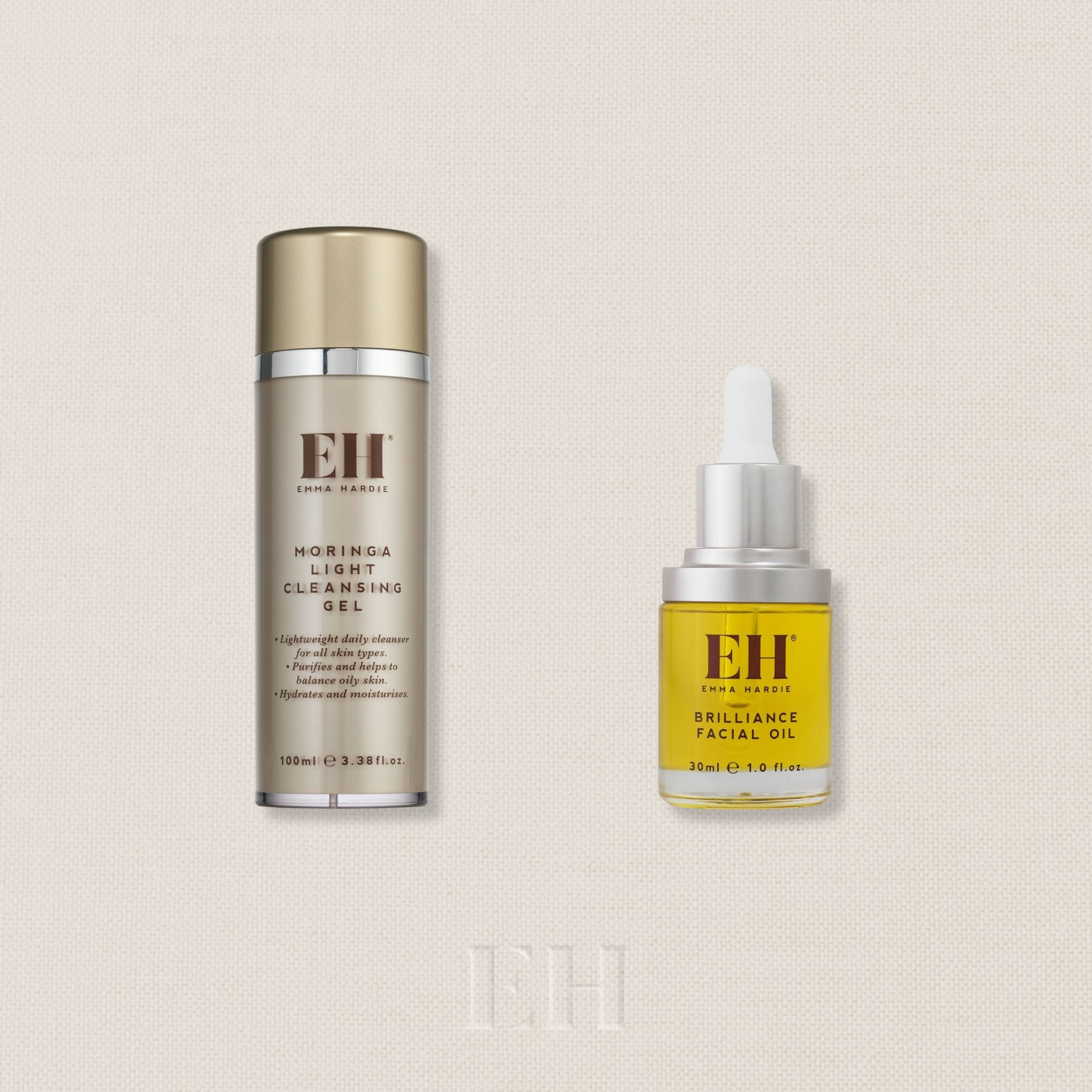 Emma Hardie Moringa Light Cleansing Gel & Emma Hardie Brilliance Facial oil next bottles next to each other. Worth £80.