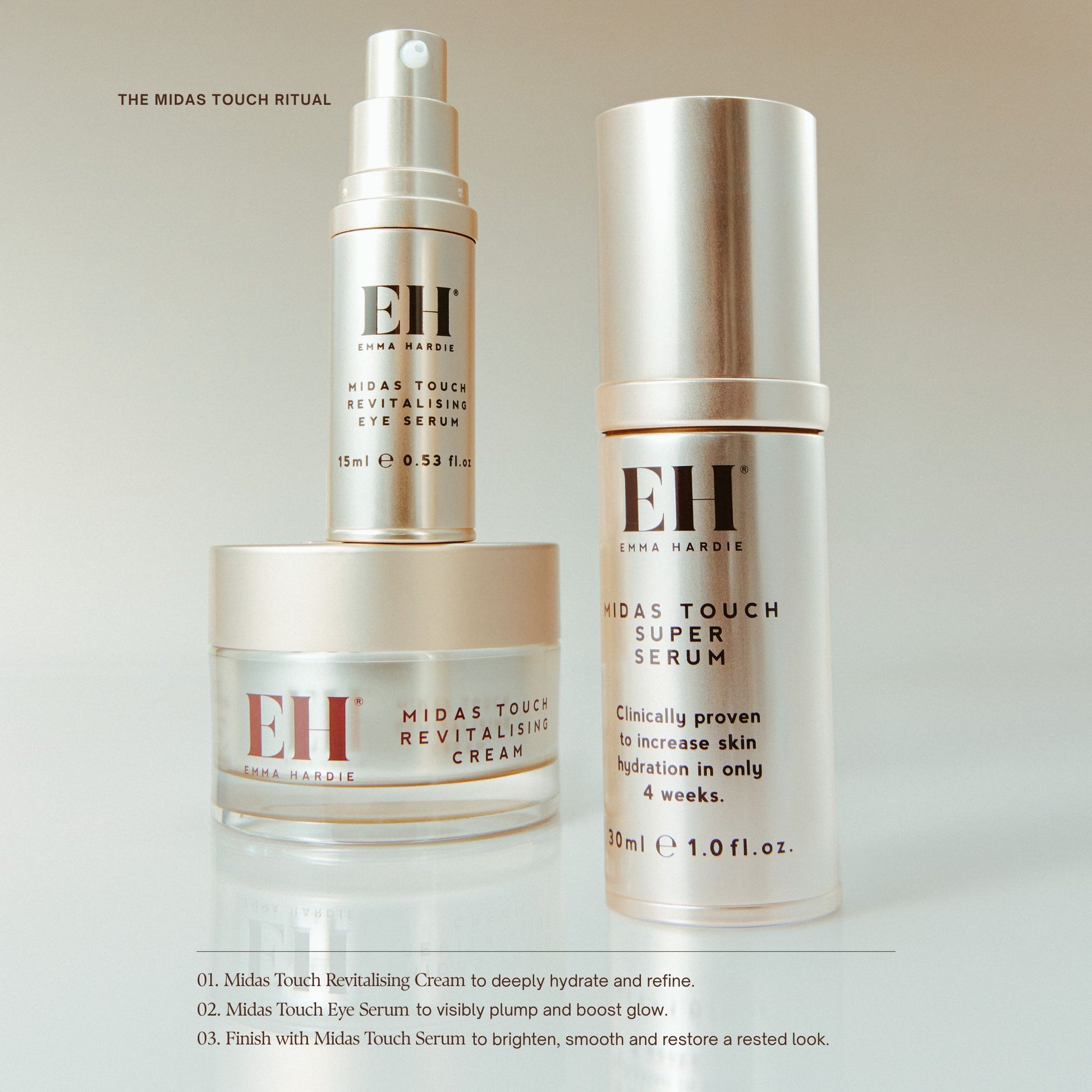 The Midas Touch Ritual:
01 Midas Touch Revitalising Cream to deeply hydrate and refine.
02 Midas Touch Eye Serum to visibly plump and boost glow.
03. Finish with Midas Touch Serum to brighten, smooth and restore a rested look.
