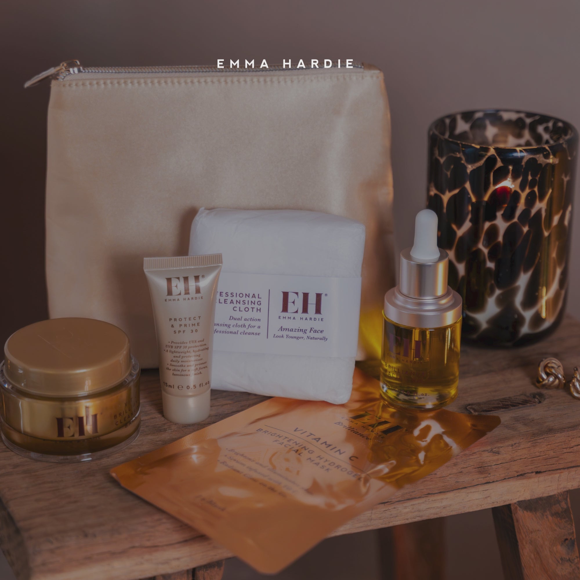 The Brightening Collection Featuring our Vitamin C Brilliance Cleansing Balm, glow-boosting Hydrogel Mask, Protect & Prime SPF 30 and the luminosity-enhancing Brilliance Facial Oil.