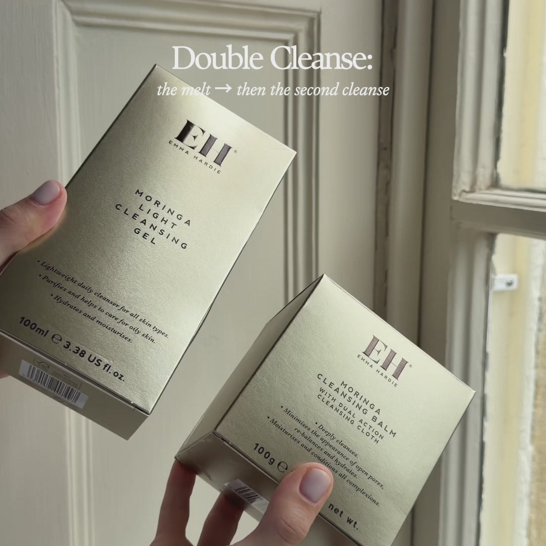 Load video: Emma Hardie double cleanse ritual with Moringa Cleansing Balm and Moringa Light Cleansing Gel at a bathroom sink.