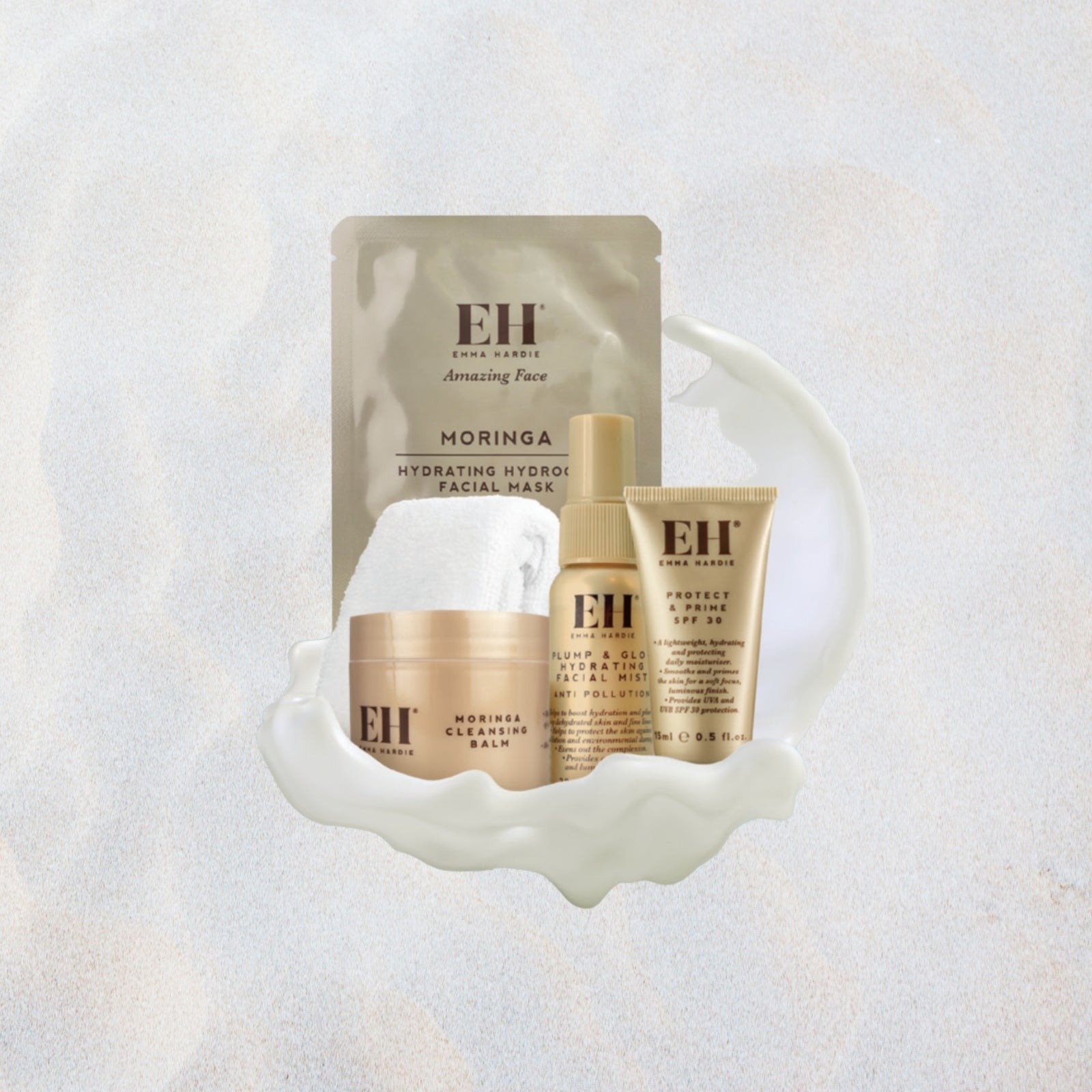 Emma Hardie travel-size skincare set with Moringa Cleansing Balm, Hydrating Hydrogel Facial Mask, Plump & Glow Hydrating Mist and Protect & Prime SPF30.