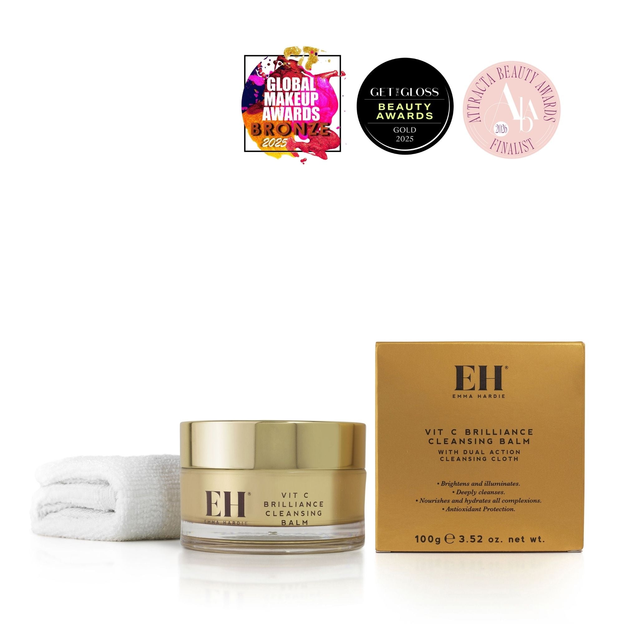 Emma Hardie Vit C Brilliance Cleansing Balm with packaging on white background with award winning logos